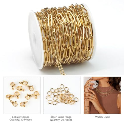 16.4 FT Gold PVD Plated Chains for Jewelry Making 4MM Paperclip Chain Link | Stainless Steel Gold Chain Bulk with Lobster Clasps Jump Rings for Women Men Necklace Making Supplies - color: Gold-5