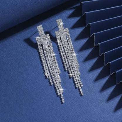 Silver Shiny Rhinestone Long Tassel Dangle Earrings for Women Trendy, Unique Bling Zirconia Drop Earring Dainty Prom Party Jewelry Accessories Gift - color: Silver 2