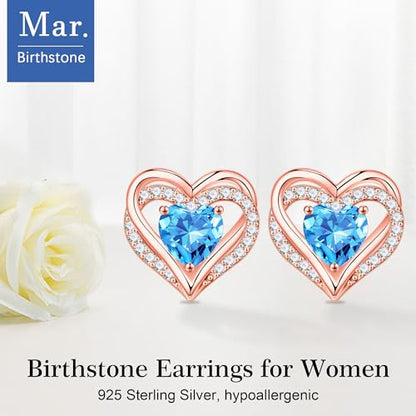 Iefil Birthstone Earrings for Women - 925 Sterling Silver Heart Stud Earrings Birthday Gifts for Women - color: Rose-Gold-Plated-03-Mar-Created Aquamarine