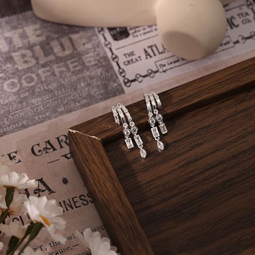 Dangle Earrings for Women,14k Gold Plated Triple Huggie Stud Earrings Cute Statement Chain Earring Dainty Drop Earrings for Women Trendy Gold Plated Jewelry - color: silver -dangle 4