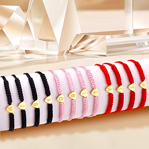 Dainty Gold Heart Love Charm Initial Bracelet Black Pink Red String Rope Letter Bracelet for Women Men Christmas Gift - color: Red