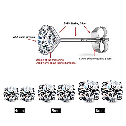 925 Sterling Silver Earrings, Cubic Zirconia Stud Earrings, Diamond Stud Earrings for Women - color: *925 Sterling Silver - 4mm, 5mm, 6mm