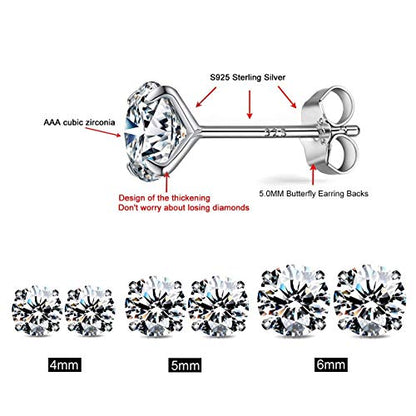 925 Sterling Silver Earrings, Cubic Zirconia Stud Earrings, Diamond Stud Earrings for Women - color: *925 Sterling Silver - 4mm, 5mm, 6mm