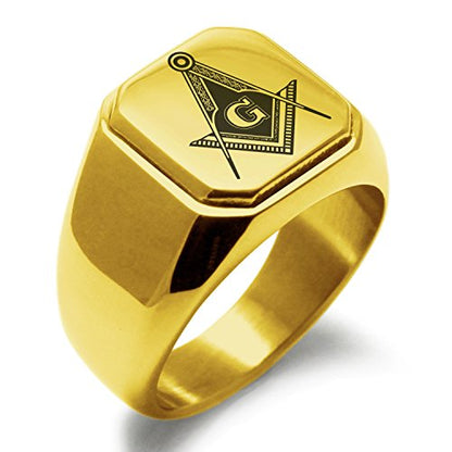 Stainless Steel Signet Biker Rings for Men, Masonic Symbol Square Flat Top (Black, Gold, Silver), Size 7-16 - color: Gold - Royal Compass