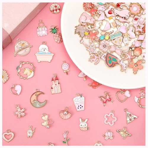 MARFOREVER 120 Pcs Pink Charms for Jewelry Making | Assorted Gold Enamel Pink Pendants, Mixed Theme Flowers Heart Fruit Moon Star Dangle Charms, Bracelet Necklace Earrings Craft