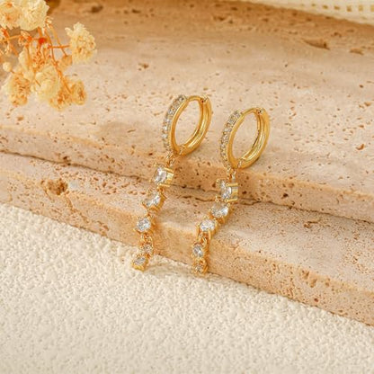 Lunvky 14K Gold Plated Dangle Earrings for Women Dainty Silver Drop Earring Trendy Long Dangling Wedding Bridesmaid Hoop Diamond Crystal Cute Earring Prom Jewelry Birthday Gifts - color: C-1 pair hoop good