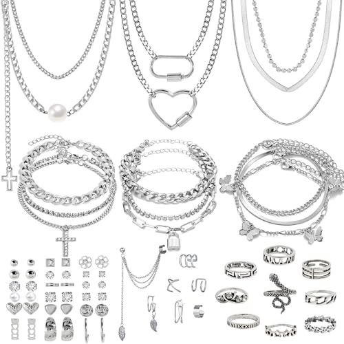 Silvery Jewelry Set for Women,Necklace,Bracelet,Anklet,Earring,ring | Chaton cross, heart pendant, butterfly, lock, vintage snake For Women For Birthday Gifts