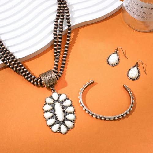 NEWITIN 4 Pieces Silver Bohemian Jewelry Set for Women Fashion Costume Jewels Turquoise Necklace Bracelet Earrings Western Turquoise Jewelry Set for Women - color: White Turquoise A