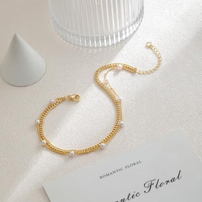 Gold Ankle Bracelets for Women, Dainty 14K Gold Plated Anklets for Women Waterproof Cuban Link Chain Pearl Anklet Set Trendy Layered Stackable Ankle Bracelet Non Tarnish Jewelry for Her - color: A0028