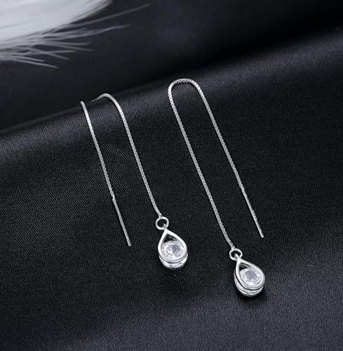 Reffeer Solid 925 Sterling Silver CZ Droplet Chain Dangle Earrings for Women Teen Girls Tassel Dangle Earrings Threader - color: A-Silver