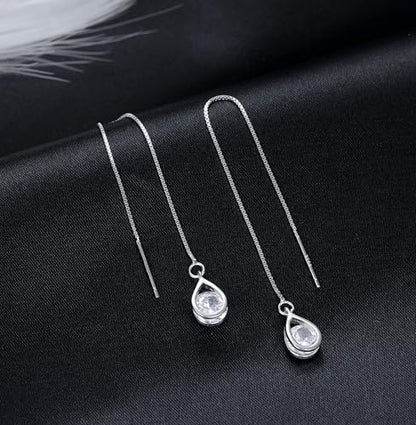 Reffeer Solid 925 Sterling Silver CZ Droplet Chain Dangle Earrings for Women Teen Girls Tassel Dangle Earrings Threader - color: A-Silver
