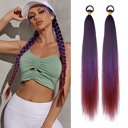 Braided Ponytail Extension with Hair Tie Purple Gradient Braid Extensions | 2 Pack Long Braided Ponytail Extension, 26 Inch Natural Soft Synthetic Hair Piece for Women Daily Wear (Black/Purple/Bug#) - color: Purple gradient#（Black/Purple/Bug）, size: 26 In