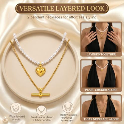 Layered Necklaces for Women Pearl Necklace Stack Gold T Bar Necklace Set Dainty Heart Pendant Jewelry Trendy 2026 Fashion Accessories Gifts - color: A1:2pcs-gold