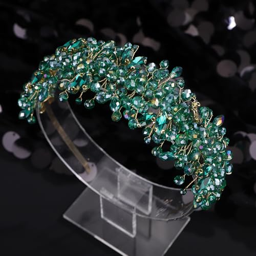 Octwine Vintage Bridal Gold Green Headpiece Handmade Wedding Headband Hair Vine Rhinestoens Headband Bridal Wedding Hair Accessories (Peacock Green, Width1.9inches) - color: Peacock Green