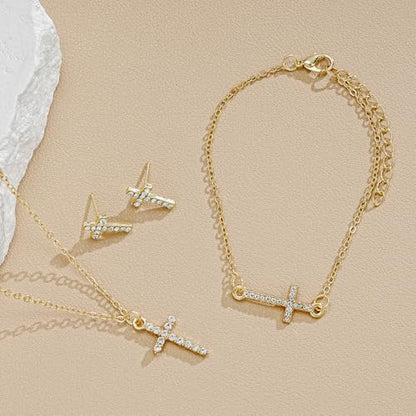 Dainty Cross Jewelry Set Sparkling Rhinestones Earrings Bracelet Necklace Set for Women Religious Faith Cubic Zirconia Cross Studs Earrings Jewelry Set - style: Cross