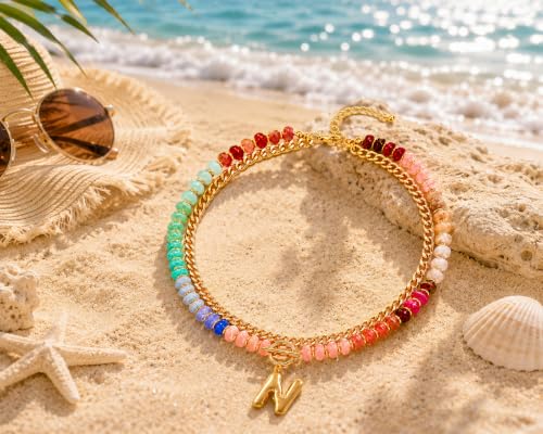 Colorful Beaded Bubble Letter Necklace For Women, Boho Double Layer Dopamine Rainbow Resin Beads Thick Cuban Chain Chunky With Initials Pendant Necklaces Summer Beach Jewelry Gift ﻿ - color: Dop N