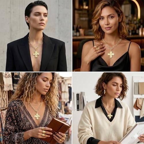 Poxtex Cross Necklace for Women Teen Girls, Dainty 14K Gold Silver Plated Cross Choker Jewelry Non Tarnish Waterproof Cute Simple Small Necklace Christian Baptism Religious Faith Jewelry Gifts - color: 09 chunky gold cross necklace