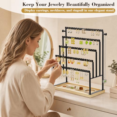 Large 5 Tier Earring Organizer and Holder, Black | 100+ pair earring storage, jewelry holder stand, clean white finish, ideal for bright bedrooms and modern vanities - color: Black