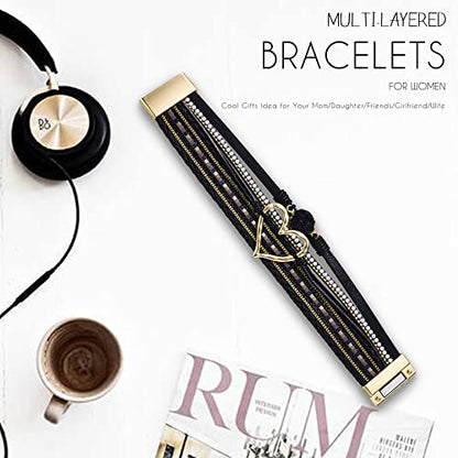 Bracelets for Women, Gifts for Mom Her Christmas Gift 2026 Leather Bracelets for Women Birthday Gift for Daughter Inspirational Wrap Bracelet Sister Friend Teen Girl Gift Layered Stocking Stuffers Jewelry - style: Black - Heart