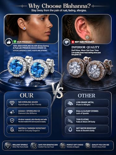 2 Pairs S925 Sterling Silver Stud Earrings for Women Halo Cubic Zirconia | 14K Gold Plated Hypoallergenic Non Tarnish Round Square Silver Stud Earring for Women Men Dainty Trendy Jewelry - style: Silver-Blue Stone