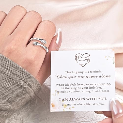 Sterling Silver Hug Ring for Women Teen Girls Adjustable Love Promise Ring Inspirational Open Rings Mothers Day Birthday Gift for Daughter Granddaughter Mom Wife Best Friend - color: Silver / Gift Box (Always with you)