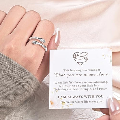 Sterling Silver Hug Ring for Women Teen Girls Adjustable Love Promise Ring Inspirational Open Rings Mothers Day Birthday Gift for Daughter Granddaughter Mom Wife Best Friend - color: Silver / Gift Box (Always with you)