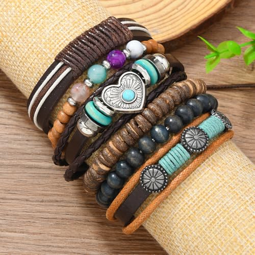 Western Outfits for Women Turquoise Western Bracelets Bohemian Vintage Stackable Beaded Leather Bracelets Adjustable Hand-woven Layered Bracelet Western Country Concert Jewelry for Women - style: Turquoise Love Heart