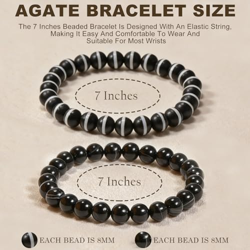 2PCS Agate Bracelet for Women Men Natural Round Beaded Agates Stone Healing Stretch Bracelets Elastic Handmade Polished Gemstone Beads Bracelet - color: Black White+Matte, size: 8mm Beads
