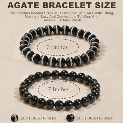 2PCS Agate Bracelet for Women Men Natural Round Beaded Agates Stone Healing Stretch Bracelets Elastic Handmade Polished Gemstone Beads Bracelet - color: Black White+Matte, size: 8mm Beads