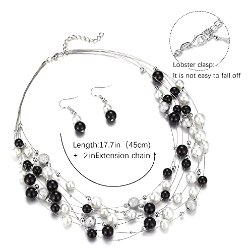 FULU AUTUMN Layered Pearl Necklace Multi-strand Pearl Choker Necklaces for Women Beaded jewelry for Wedding Parties - color: 37-Black and white