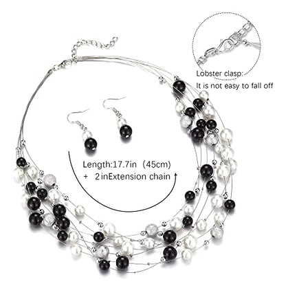 FULU AUTUMN Layered Pearl Necklace Multi-strand Pearl Choker Necklaces for Women Beaded jewelry for Wedding Parties - color: 37-Black and white
