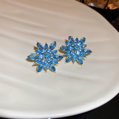 Crystal Flower Burst Stud Earrings Elegant Hypoallergenic Large Big Sparkly CZ Cubic Zirconia Rhinestone Earrings Bridal Wedding Party Prom Costume Jewelry for Women Birthstone Birthday Gift - color: Blue