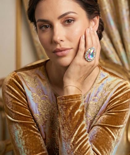 NYFASHION101 Radiant Teardrop Stone Adjustable Cocktail Statement Ring - color: Aurora Borealis/Gold-Tone