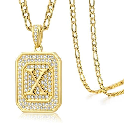 Initial Letter Pendant Necklace for Men Women, 14K/18K Gold A-Z | Square Monogram Pendant Jewelry Waterproof and colorfast with Figaro Chain, Gifts for Women Men - style: 14K Gold X