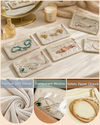 Travel Jewelry Organizer Case Refill Pages-12 Compartments Clear Zipper Velvet Pockets for Rings Earrings Necklaces,1-Section Replacement Pages, Beige,Pack of 6 - color: 1-Section Inner Pages,Beige,Pack of 6
