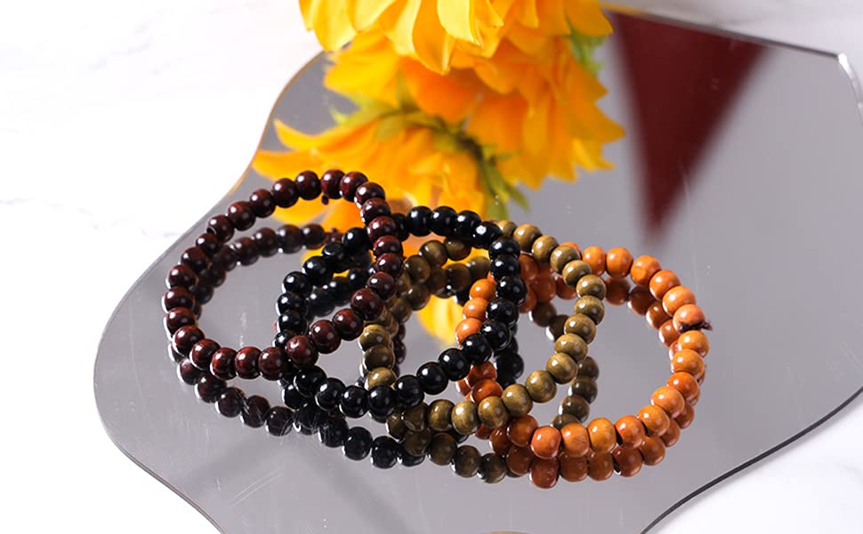 Eigso 6-8mm Wood Beads Bracelet Prayer Beads for Meditation Buddha Tibetan Bracelet for Men and Women - color: A2: 4 PCS 10mm