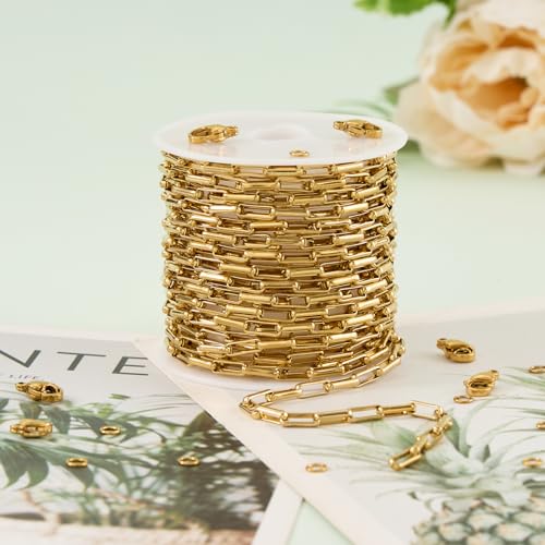 UMAOKANG 16.4 Feet Gold Plated Stainless Steel Chains for Jewelry Making Box Chain Link with Jump Rings and Lobster Clasps - color: Box Gold