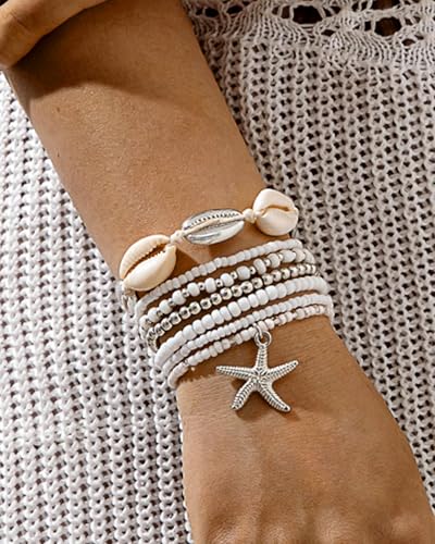 Shell Bracelets for Women Layered Seashell Starfish Bracelets Stackable Stretch Boho Beaded Bracelet Summer Beach Surfer Bracelet Seaside Beach Dress Outfits Accessories - color: A4:shell bracelets