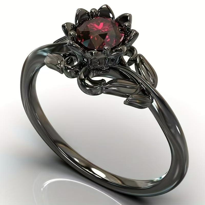 Cubic Zirconia Rings For Women, Gothic Ring Black Flower Crystal Stackable Trendy Floral Eternity Travel Engagement Statement Wedding Birthday Jewelry Gift - color: Goth Black Red