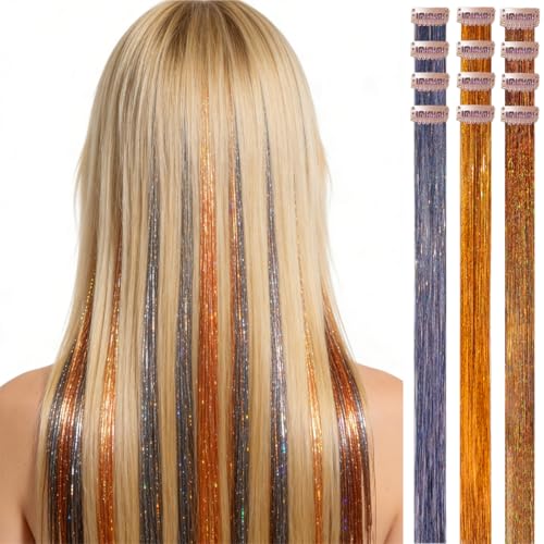 CELINABELLA Clip In Hair Tinsel 12 Pack 3 Colors Mixed Gunmetal Orange Chestnut Brown 23 Inch 70 Strands Heat Resistant 320°F Invisible Clips For Women Teens Daily Street Style Fall Winter - color: Grey-Orange-Brown