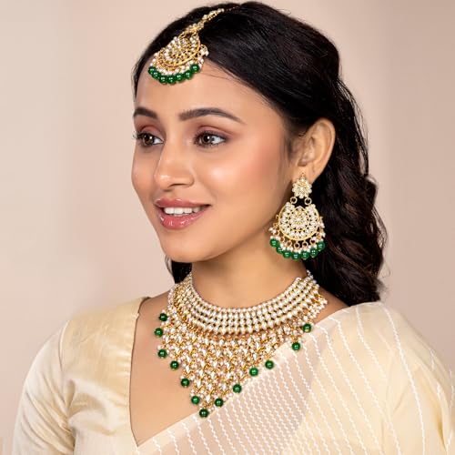Aheli Elegant Indian Wedding Wear Faux Kundan Studded Choker Necklace with Maang Tikka Set Ethnic Fashion Jewelry for Women Maroon Kundan & Pearl Drop - color: Green