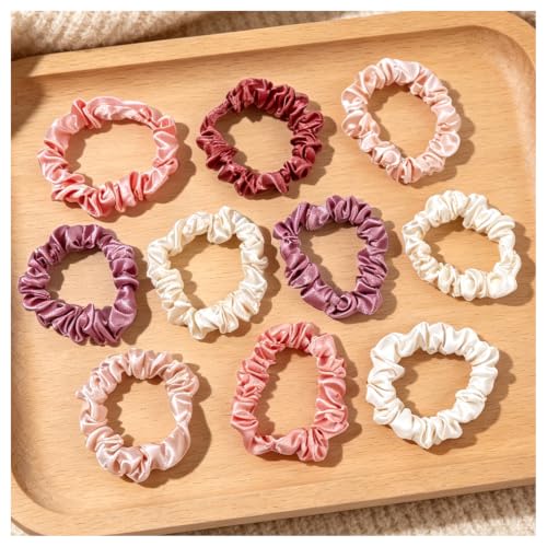 Scrunchies Silk Satin Hair Ties - Small Mini Thin Elestics Ponytail Holder Hair Bands Skinny Scrunchy For Thick Curl Hair No Crease Hair Ties Soft Accessories No Hurt Your Hair for Women and Girls - color: Gentle