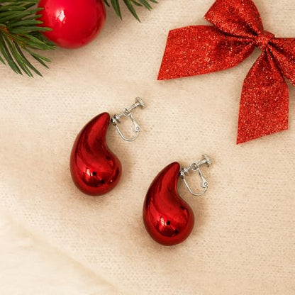 14K Gold Clip On Earrings Women,Teardrop Chunky Detachable Hoop Clip-On Earrings for Non Pierced Ears Hypoallergenic Lightweight Earring Clips - color: Red
