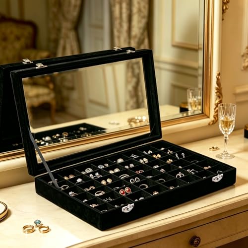 Velvet Jewelry Tray 48 Compartments Jewelry Box Display Organizer with Transparent Cover Earrings, Rings,Necklaces, Pendants Storage Box for Girls, Women,Wife, Mother (48Grid-Black) - color: 48Grid-Black