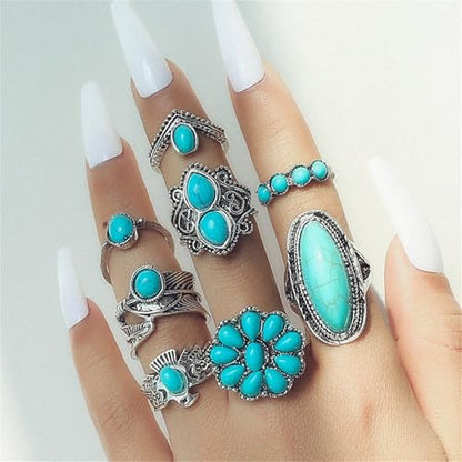 Bohemian Turquoise Ring Set for Women,Vintage Western Rings Chunky Turquoise Opal Stackable Knuckle Ring Set Punk Midi Finger Ring Pack Boho - style: Ring set-D