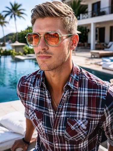 kimorn Women's Square Aviator Sunglasses, Polarized UV400 Pretecion | Retro Frame Shades, Small-Medium Fit, Driving, Beach, Daily Wear - color: Gold+clear Green+pink Grading