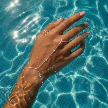 Waterproof 14K Gold Plated Hand Chain for Women Trendy, Non Tarnish Dainty Cubic Zirconia Finger Ring Bracelet, Summer Beach Hand Jewelry Minimalist Adjustable Simple Cute Gold Ring Chain Bracelets Fashion Gifts - color: Silver
