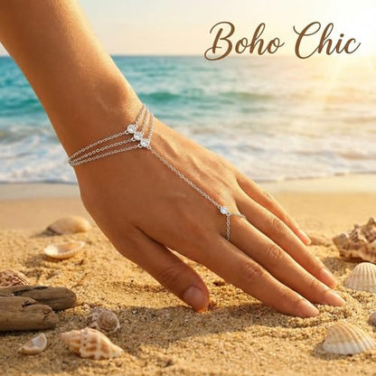925 Sterling Silver Hand Chain Bracelet for Women | 14k Gold Plated CZ Crystal Heart Starburst Ring Bracelets Hand Chain Diamond Layered Stackable Link Chain Beach Jewelry Gifts - color: Silver