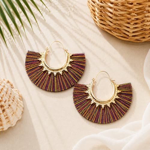 Tassel Hoop Earring Statement Thread Dangle Earrings Stylish Long Fringe Drop Earrings Lightweight Long Swingy French Hook Earrings for Women - color: B Colorful