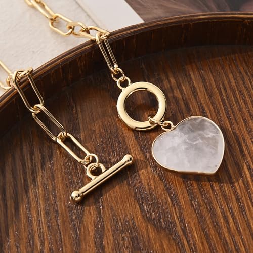 14K Gold Plated Two Sides Carved Stone Heart Shape Necklace for Women Love Pendant Necklace Jewelry for Daily and Gifts - color: pink quartz